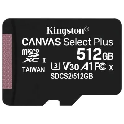 Карта пам`яті MicroSDXC 512GB UHS-I/U3 Class 10 Kingston Canvas Select Plus R100/W85MB/s (SDCS2/512G